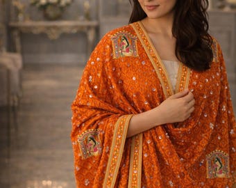 Handmade , Handwoven , Elegant vibrant & Authentic  Orange Phulkari Dupatta / Indian Scarf. Hand embroidered .