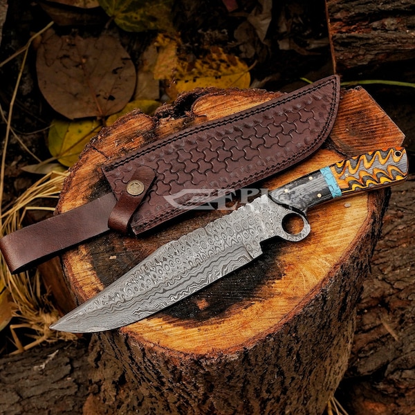 Custom Handmade Damascus Steel Hunting Bowie Knife Having Razor Sharp Edge With Leather Sheath With Custom Name or Logo Engraving on Blade