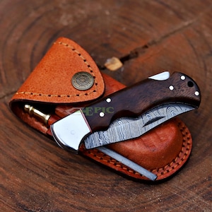 Custom Handmade Damascus Steel Folding Knife with Walnut Wood Handle and  Sheath Graduation Gift