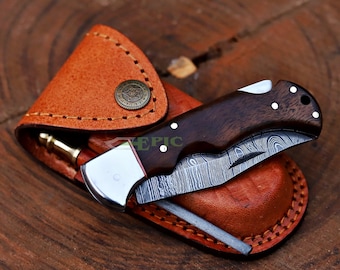 Custom Handmade Damascus Steel Folding Knife with Walnut Wood Handle and  Sheath Graduation Gift