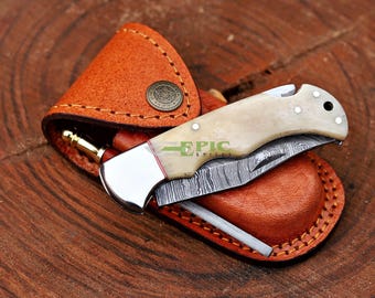 Handmade Damascus Steel Folding Knife with Bone Handle and Sheath Gift for Him