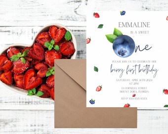 Berry First Birthday Invitation, One year old invitation, digital download, invitation template