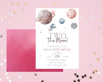 Two The Moon Birthday Invitation, Digital Download, Instant Template, Space Birthday Party