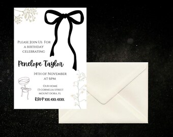 Black Bow Birthday Party, Digital download, Instant download, canva template, Bow Birthday