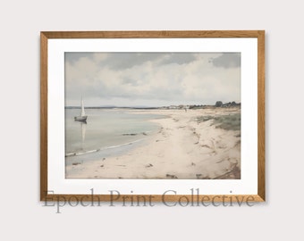 Vintage Beach House Art Print | Coastal Sailboat Scene (Digital Download)