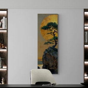 Large Japandi Wall Art, Japanese Nature, Bonsai Tree, Narrow Home Decor, Wabi Sabi, Boho Unique Gift, Gold Moon, Tall Vertical Canvas Print