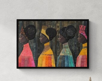 May include: A framed art print depicting four women in profile, each wearing a distinctive head wrap and vibrant clothing. The artwork hangs above a desk with a computer, chair, and minimalist decor, creating a contemporary office setting.