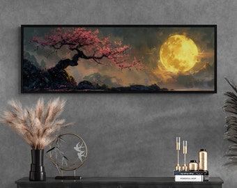 Grande oeuvre d'art murale Japandi, arbre en fleurs de cerisier, lune dorée, peinture moderne originale, cadeau nature unique, décoration d'intérieur japonaise, Boho Wabi Sabi