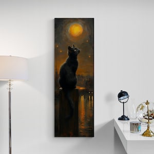 May include: A black cat sits on a wooden post, looking up at a bright yellow moon and stars in a dark blue night sky. The cat is silhouetted against the moon and stars, creating a dramatic and mystical scene.