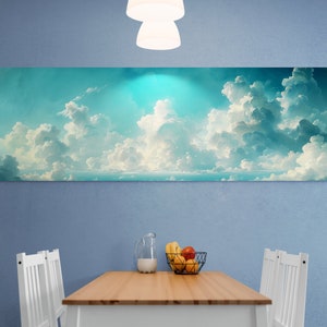 Panoramic Cloudy Blue Sky, Unique Gift,  Modern Painting Oil Painting, Long Narrow Wall Art, Home Decor, Beautiful Nature Print, Wide Clouds