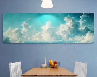 Lienzo impreso con vista panorámica de cielo azul nublado, arte de pared largo y estrecho.