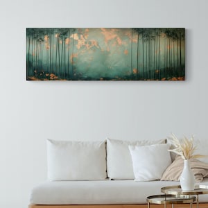 Bamboo Forest Wall Art, Long Narrow Panoramic Painting, Home Decor, Unique Nature Gift, Original Moody landscape, Sage and Rose Gold Art