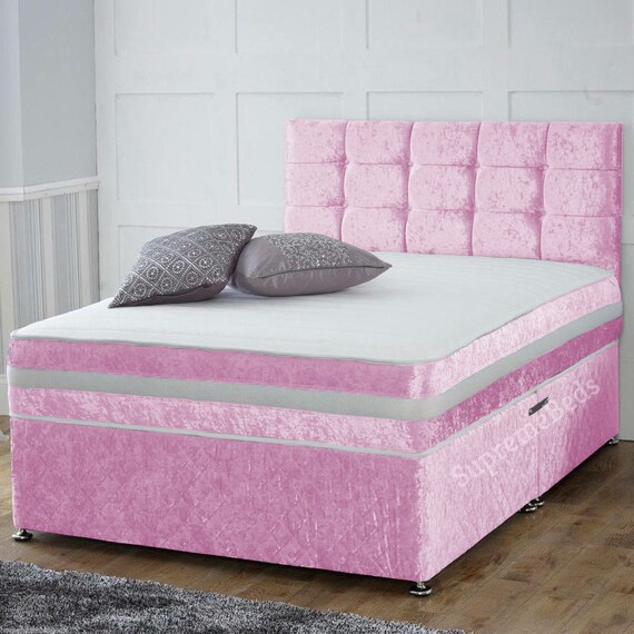 Divan Bed With Mattress and Cube Design Headboard Storage Options in Crushed Velvet Baby Pink Bedroom Furniture Decor Bed and Mattress Etsy