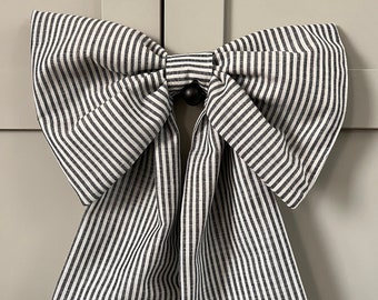 LARGE Luxury Fabric Giant Bow for doors or wall decor - candy stripe linen - black & off white stripe (approx. 40cm x 60cm)