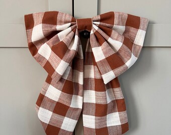 LARGE Luxury Fabric Giant Bow for doors & wall decor - Gingham Linen - Colour Chestnut (approx. 40cm x 60cm)