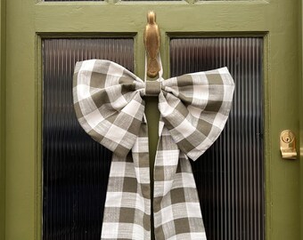 EXTRA LARGE Luxury Fabric Giant Bow for doors & wall decor - Gingham Olive Green Linen (approx. 50cm x 85cm)