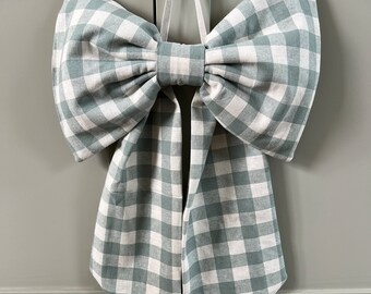 LAST ONE LEFT! - Large Fabric Bow - Duck Egg Blue Soft Pastel Linen Gingham - for door hanging, walls, home decor (approx. 40cm x 60cm)