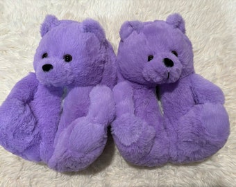 Teddy Bear Women Warm Furry Plush Slippers Slides Size 9 Purple