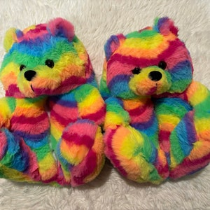 Teddy Bear Women Warm Furry Plush Slippers Slides Size 9 Rainbow image 1