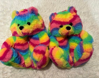 Teddy Bear Women Warm Furry Plush Slippers Slides Size 9 Rainbow