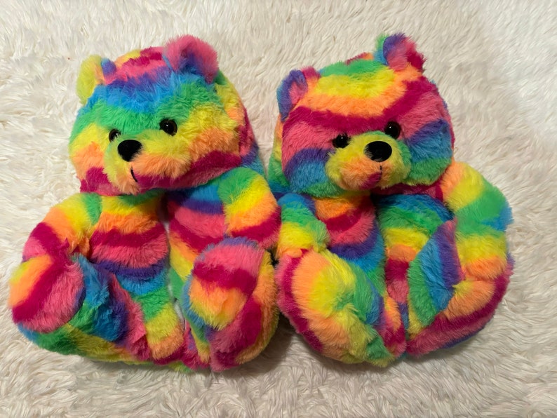 Teddy Bear Women Warm Furry Plush Slippers Slides Size 9 Rainbow image 1