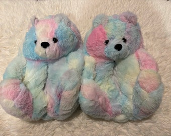 Teddy Bear Women Warm Furry Plush Slippers Slides Size 9 Candy