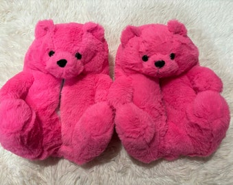 Teddy Bear Women Warm Furry Plush Slippers Slides Size 9 Pink