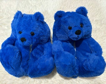 Teddy Bear Women Warm Furry Plush Slippers Slides Size 9 Blue