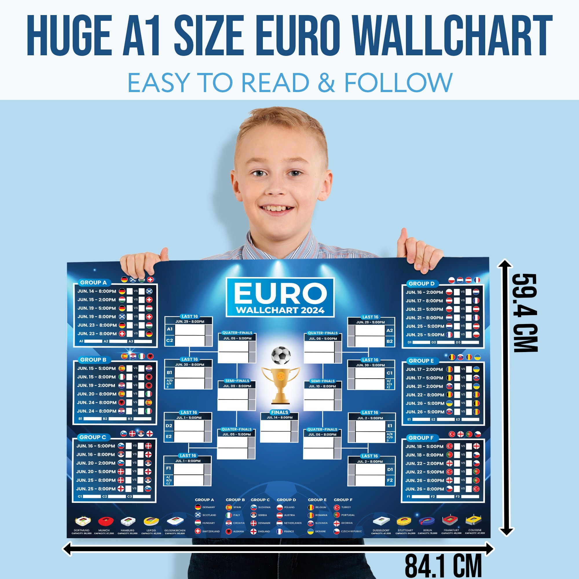 Euro 2024 Wall Chart, Premium A1 Size Wall Chart Football Schedule ...