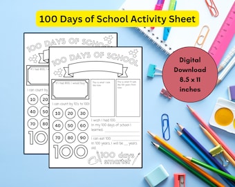 100 Days of School Activity, 100th Day of School, Printable Worksheet, 100th Day Worksheet for Kids, Downloadable, Student Celebration