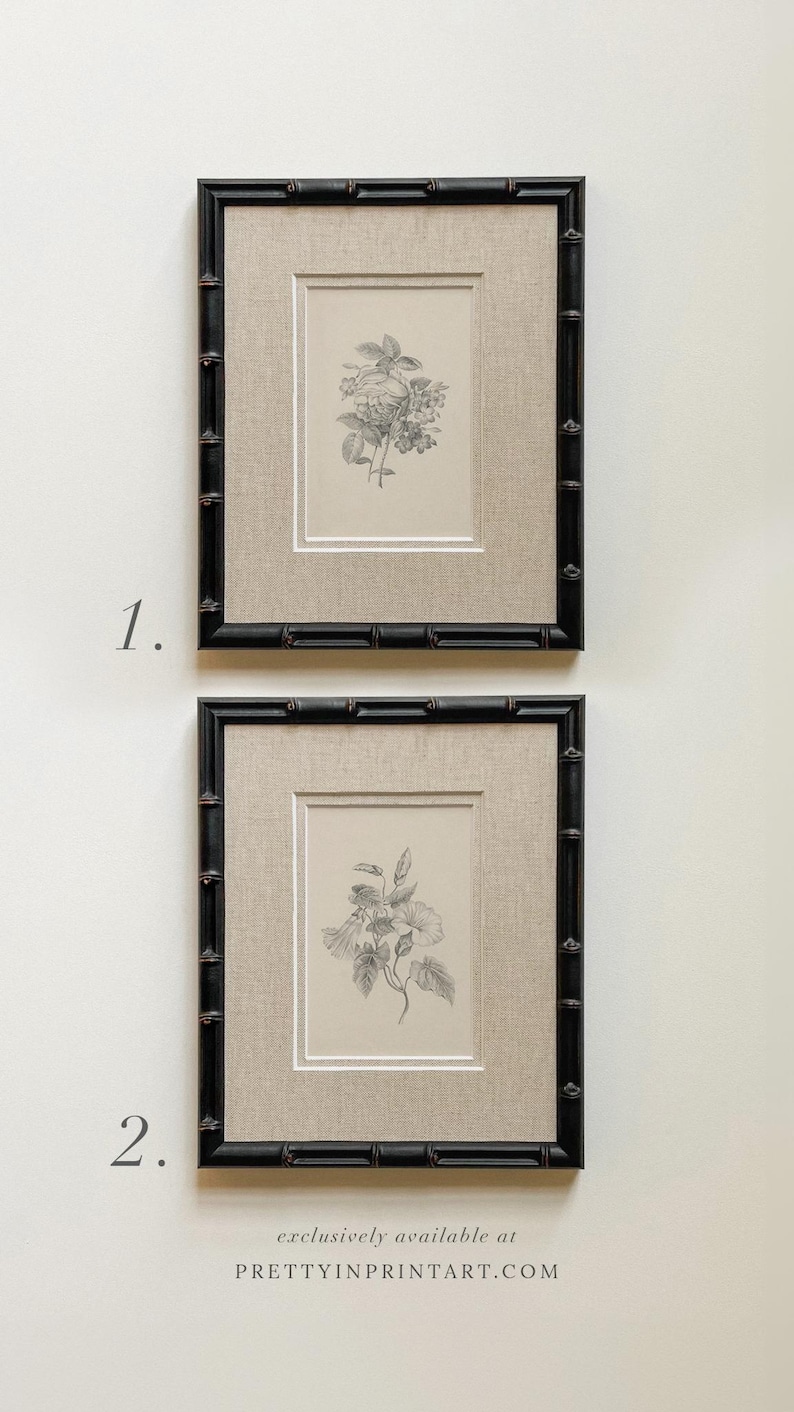 May include: Two framed botanical prints. Each print features a detailed black and white illustration of a flower. The frames are black with a bamboo-style design. The prints are set against a neutral linen-textured background. Text at the bottom reads "exclusively available at PRETTYINPRINTART.COM".