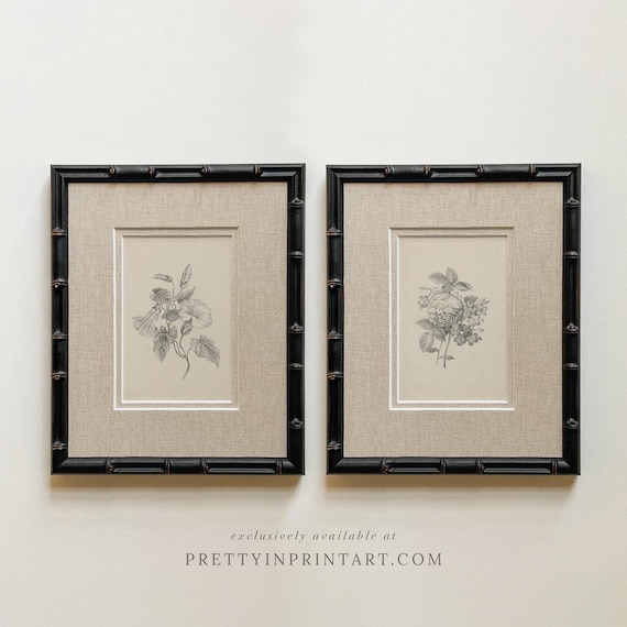 Vintage Flower Art Print | Botanical Wall Art in Antique Style Bamboo Frame with Linen Mount | Classic House & Garden Style Decor