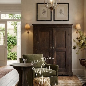 May include: An interior scene featuring a dark wooden cabinet, a green armchair, and a small round table. Two framed botanical prints hang above the cabinet. The text "BEAUTIFUL WALL ART" and "PRETTYINPRINTART.COM" are visible.