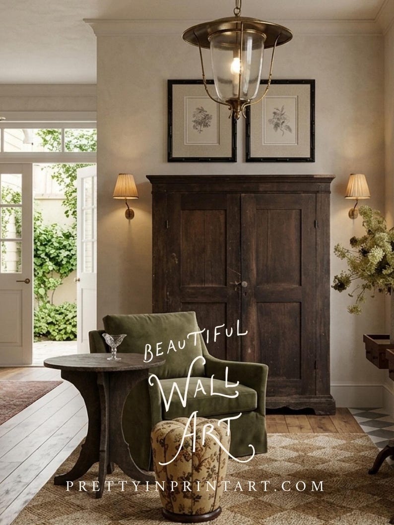 May include: An interior scene featuring a dark wooden cabinet, a green armchair, and a small round table. Two framed botanical prints hang above the cabinet. The text "BEAUTIFUL WALL ART" and "PRETTYINPRINTART.COM" are visible.