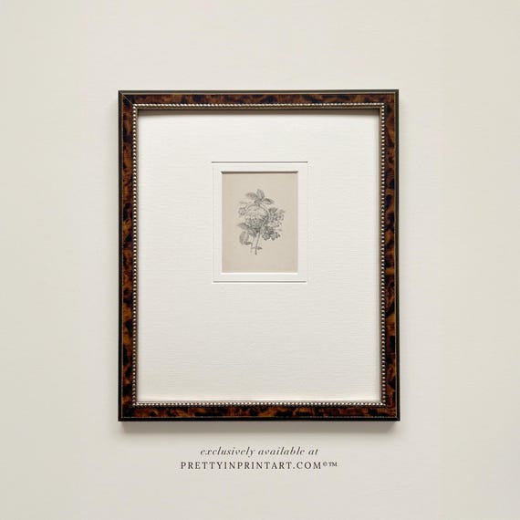 Vintage Flower Art Print | Botanical Wall Art in Antique Style Tortoise Frame with white Mount | Classic House & Garden Style Decor