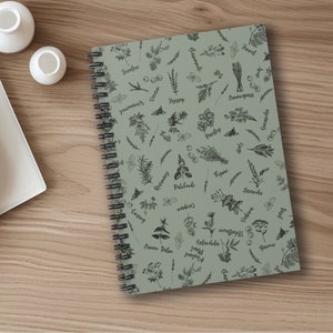 Può includere: Un quaderno a spirale verde con una stampa botanica che presenta varie erbe e fiori. Il quaderno ha una copertina verde chiaro con illustrazioni di erbe e fiori in inchiostro nero, ciascuna etichettata con il suo nome.