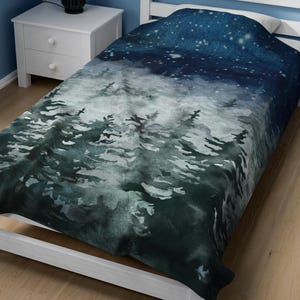 Night Forest Velveteen Plush Blanket | Cozy Winter Throw | Home Decor | Soft Bedding | Misty Pine Forest & Night Sky | Cabin Camping Vibe