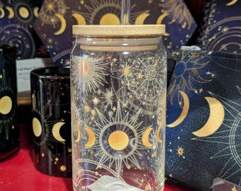 Celestial Glass Can | 16oz | Sun, Moon & Stars Iced Coffee Glass with Optional Lid and Straw | Astrology Gift | Cosmic Beer Can Glass