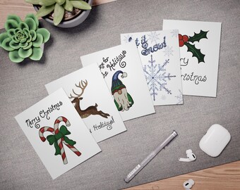 Christmas Holidays Multi-Design Greeting Cards (5-Pack) | Hand Drawn Art | Merry Christmas | Gnome for the Holidays | Happy Holidays