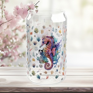 Seahorse Glass Can, 16oz with or without lid glass straw glass cup gift for ocean lover shells glass can boho beach design sea plants