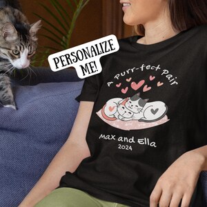 Purr-fect Pair Personalized Short Sleeve Shirt | Cat Lover Tee | Playful Pun T-shirt | Cat Parent Apparel | Custom Gift | Pet Lover Present