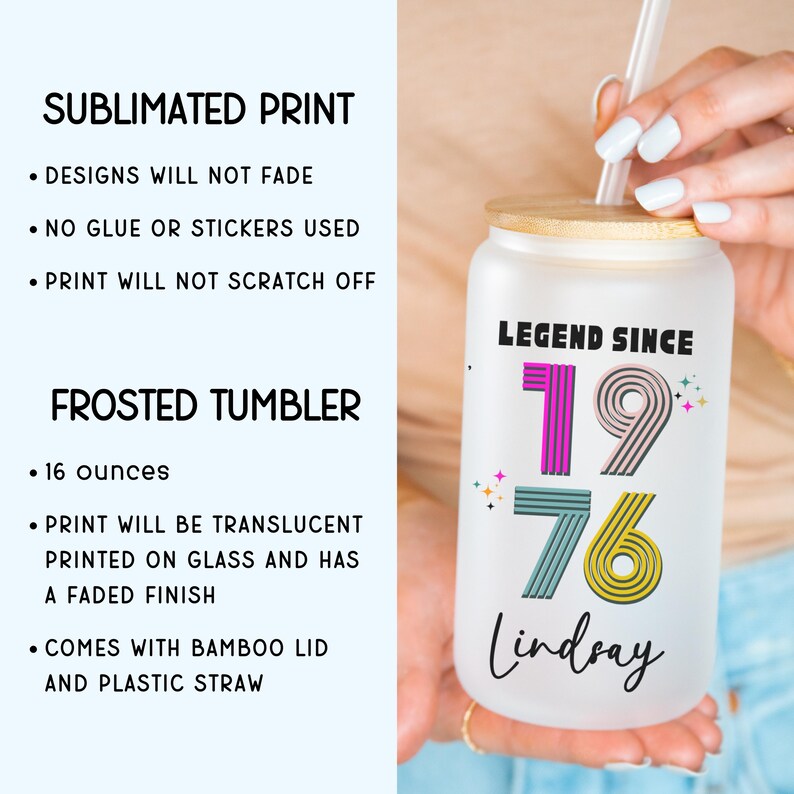 50th Birthday Cup, Legend Since 1976 Frosted Tumbler, 50th Birthday Gifts Best Friend, Fifty Years Frosted Glass Cup image 7