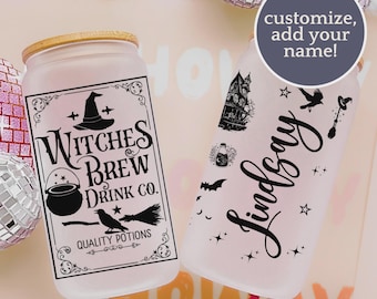 Witches Brew Coffee Co Frosted Glass Tumbler, Witch Glass Tumbler, Halloween Glass Cup, Potion Witches Broom Bats Spooky Tumbler