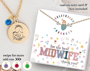 May include: Gold necklace with a charm of a mother and child, a blue crystal, and the name "Annabelle" engraved on the charm. The necklace comes in a white box with a card that says "Delivering the best presents for the best midwife. Thank you!" and is decorated with baby-themed illustrations.