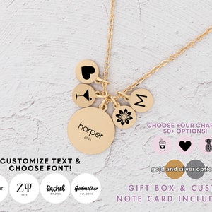 May include: Gold necklace with multiple charms, including a heart, a martini glass, a flower, and a letter M. The necklace also has a larger charm with the text "harper 2024". The image shows a variety of charms to choose from, including a coffee cup, a heart, and a pineapple. The text "CHOOSE YOUR CHARM! 50+ OPTIONS!" is also included. The text "gold and silver options" is also included. The text "GIFT BOX & CUSTOM NOTE CARD INCLUDED!" is also included.