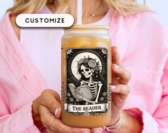 The Reader Frosted Glass Tumbler, Iced Coffee Cup, Book Lover Gift, Tarot Card Cup