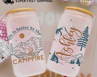 Camping Cup, Camping iced coffee glass tumbler, camping gift, camping Cup Bamboo Lid, Campfire tumbler, Camping gift, Campfire Coffee Cup
