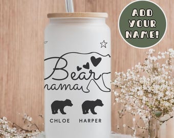 Mama Bear Frosted Glass Cup: 16oz with Bamboo Lid & Glass Straw, Gift for Mom