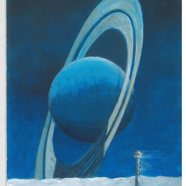 Dipinto a mano - Pianeta ad Anelli Blu su Luna Ghiacciata - Arte Astronomica - Pittura Acrilica