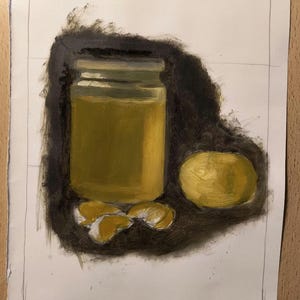 May include: An oil painting on paper depicting a glass jar filled with a golden yellow substance, a whole yellow lemon, and two peeled citrus segments. The objects are set against a dark, textured background with visible brushstrokes.